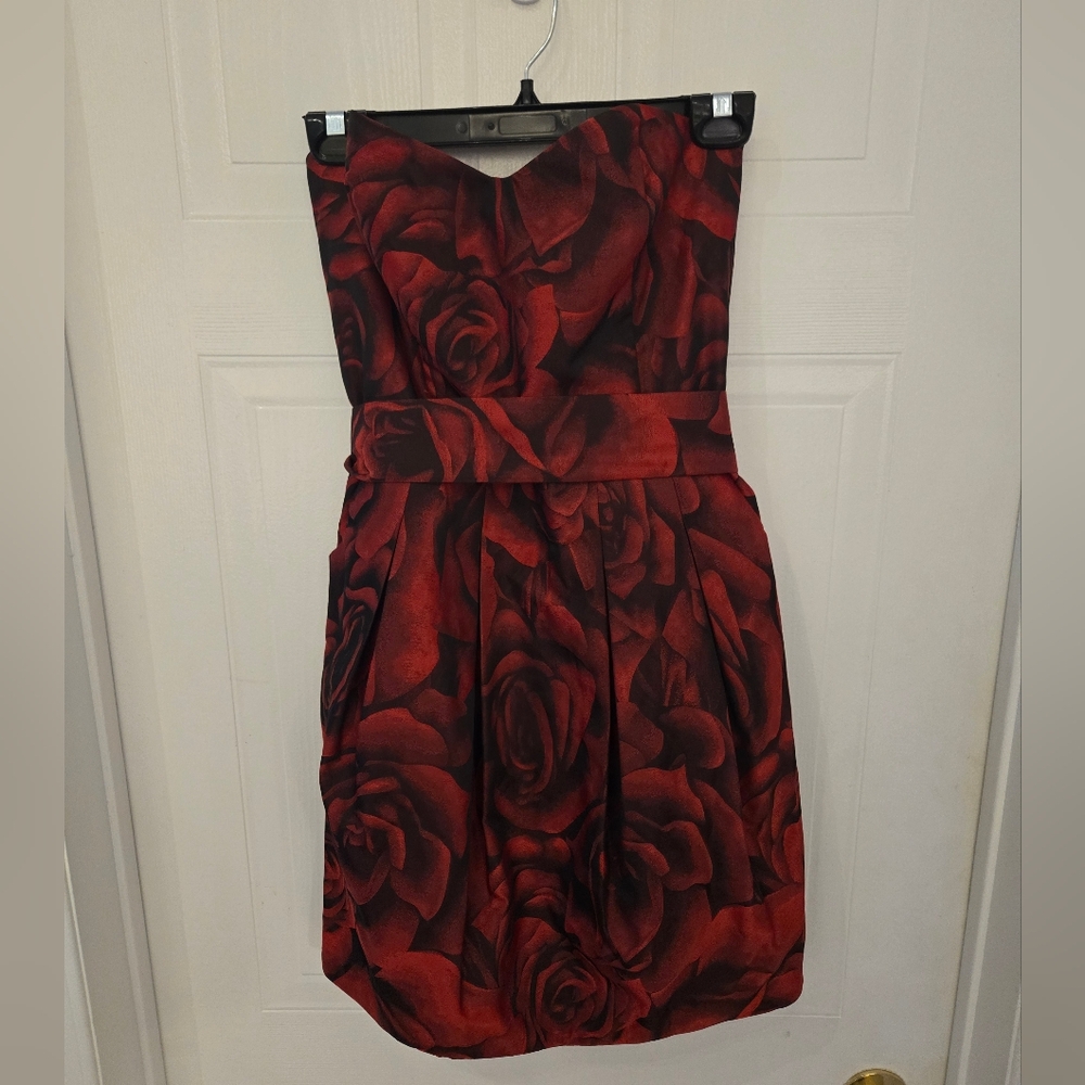 Red Floral Sweetheart Neckline Dress,  Boning, Back Zipper, Pockets, Valentine's